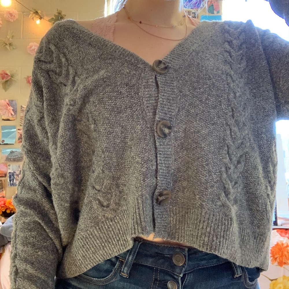 Pink Rose Button Sweater Gray - Picture 2 of 6